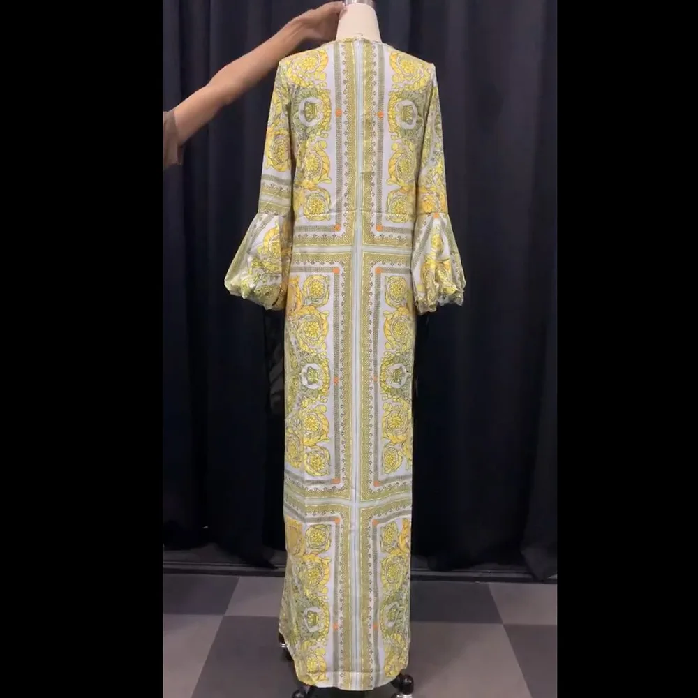 

Autumn Long Dress 2020 Long Sleeve Floor-Length A Line Retro Party Dresses Golden Print Royal Robe Plus Size Vestidos 3XL