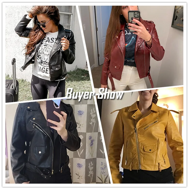 

2021 New Women Pu Leather Jacket Fashion Bright Color Black Motor Coats Short Faux Leather Biker Jackets Coat Female