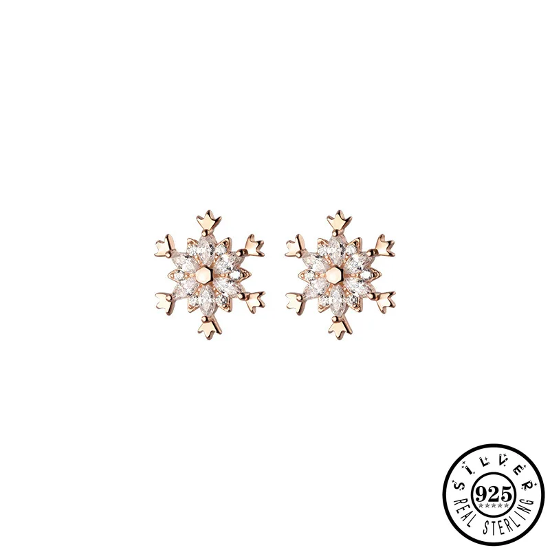 

925 Sterling Silver Luxury Zircon Snowflake Shape Rose Gold Color Plated Studs Earrings Christmas Jewelry Gifts for Women Girls