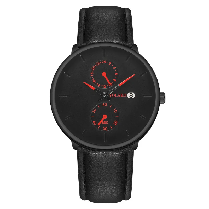 

Casual Men Watch Simple Black Leather Strap two-eye Red Pointer Calendar Ultra Thin Dial Quartz Wristwatches Zegarek męski Reloj