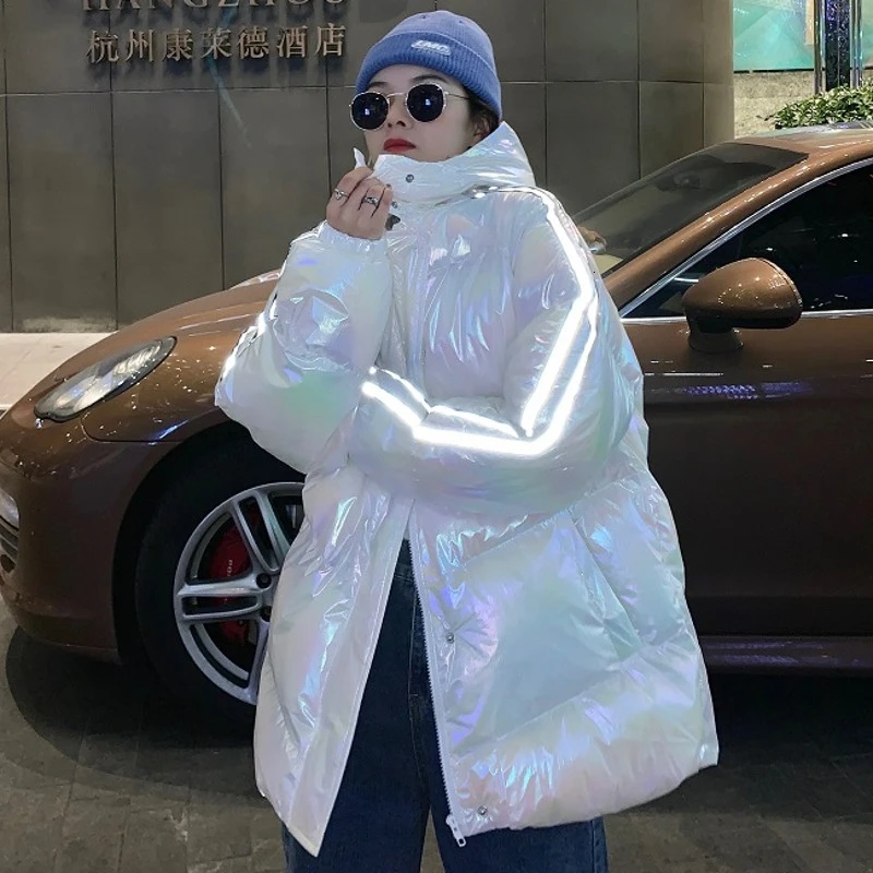 Зимнее пальто для женщин светоотражающие короткие парки Женская Глянцевая