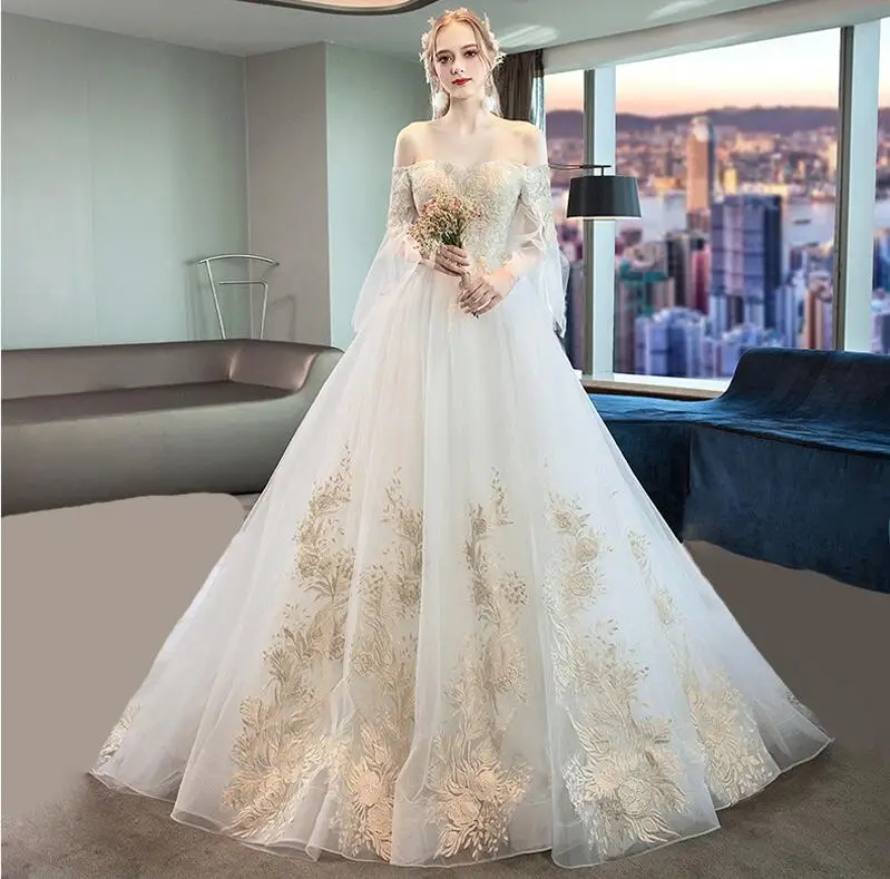 Floor length No Tail Роскошная кружевная вышивка Свадебные платья 100 см длинный шлейф белый цвет слоновой кости элегантные большие размеры Vestido De Noiva свадибное платье - Цвет: Floor length No Tail