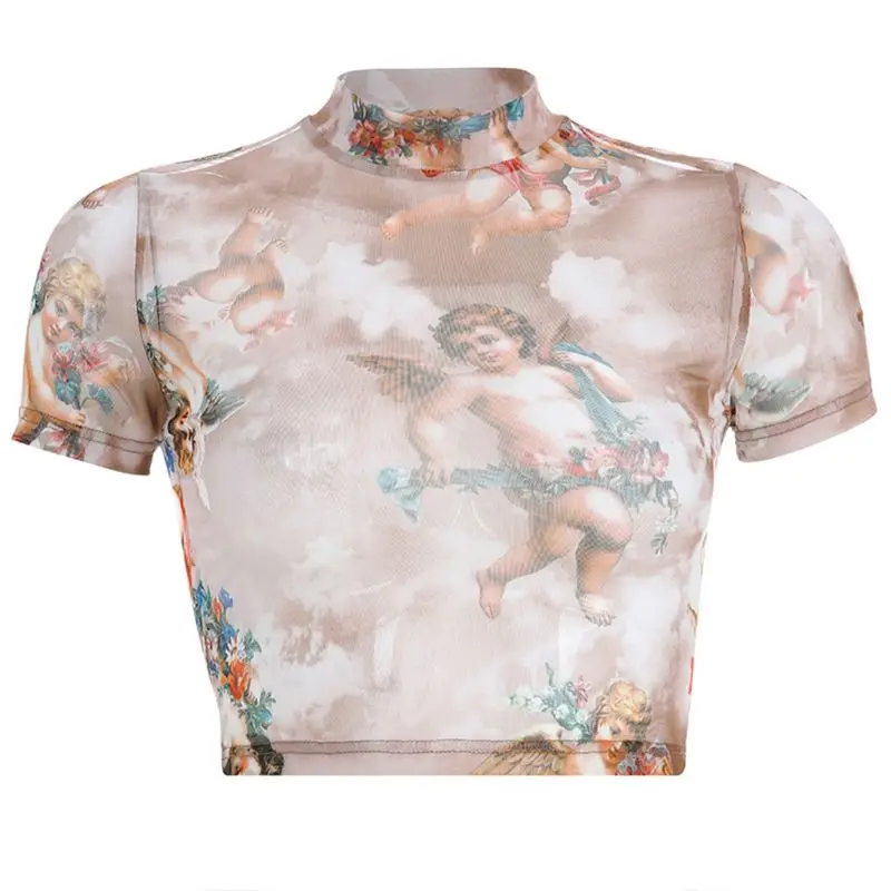 

Women Short Sleeve Turtleneck Crop Top Funny Colored Angel Cupid Print T-Shirt Hollow Out Sheer Mesh Festival Streetwear Q1FA
