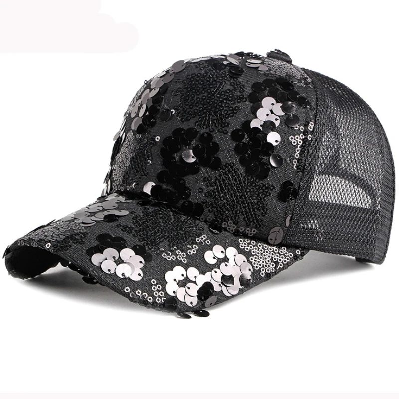 HT3024 Spring Summer Sun Cap Women Sequin Mesh Cap Lady Breathable Baseball Hat Trucker Cap Korea Style Adjustable Baseball Cap