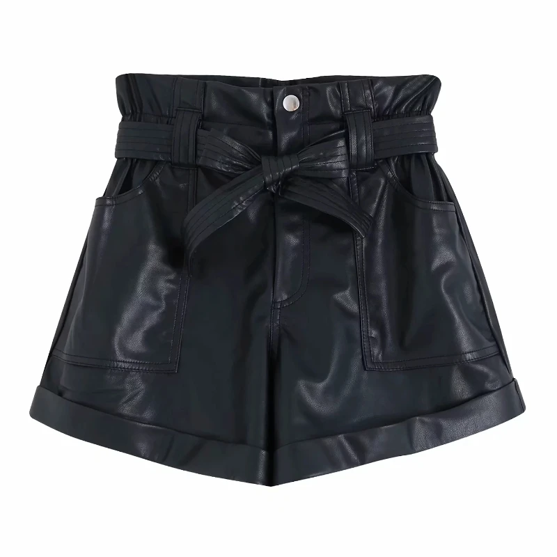 Женские шорты бермуды из искусственной кожи с бантом и высокой талией|Женские