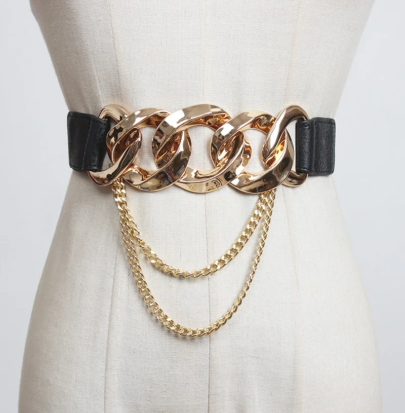 

Pu Leather White Chain Long Elastic Wide Belt Personality Women New Fashion Tide All-match Spring Autumn 2021