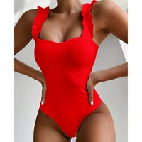 2021 new sexy female swimsuit vintage one piece ruffled push up solid red swimwear women monokini padded bathing suits