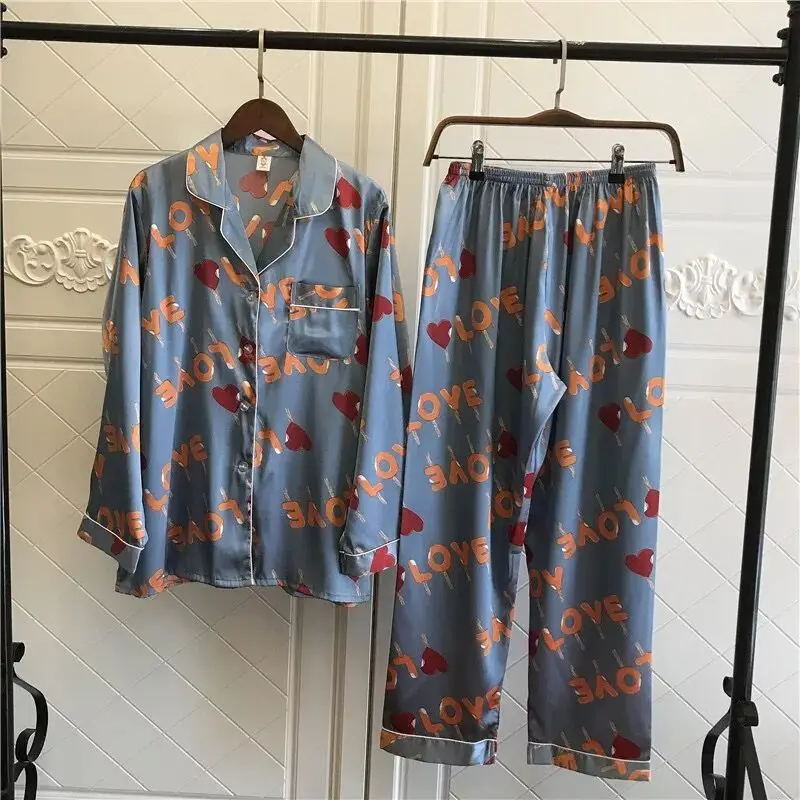 Шелковая атласная пижама с рисунком пижамный комплект длинными рукавами