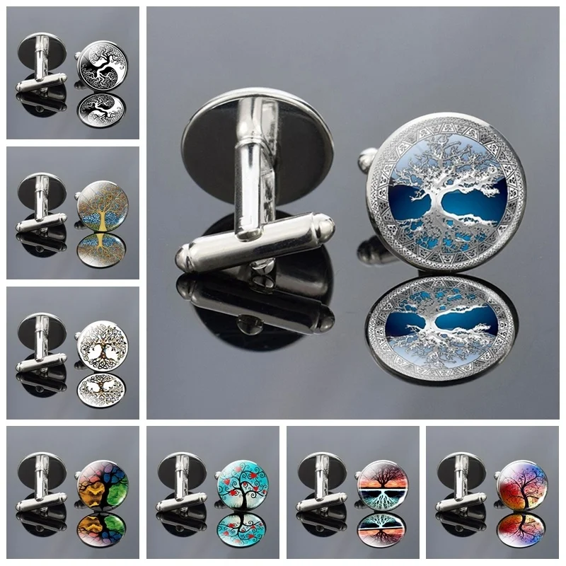 Запонки мужские винтажные со стеклянным куполом и деревом жизни свадебные