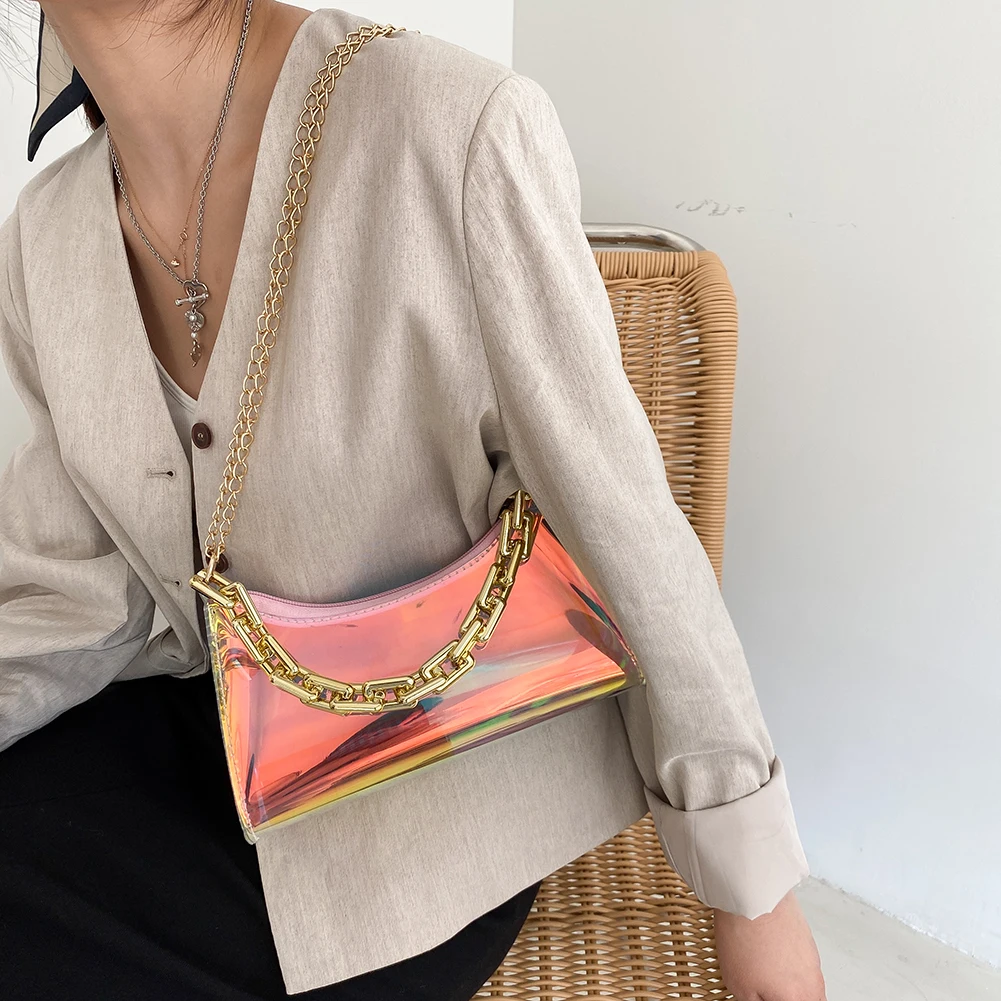 

Elegant Ladies Handbag Shoulder Bag Retro Laser Transparent Thick Chain Crossbody Bag Women Small Hobos Underarm Bag