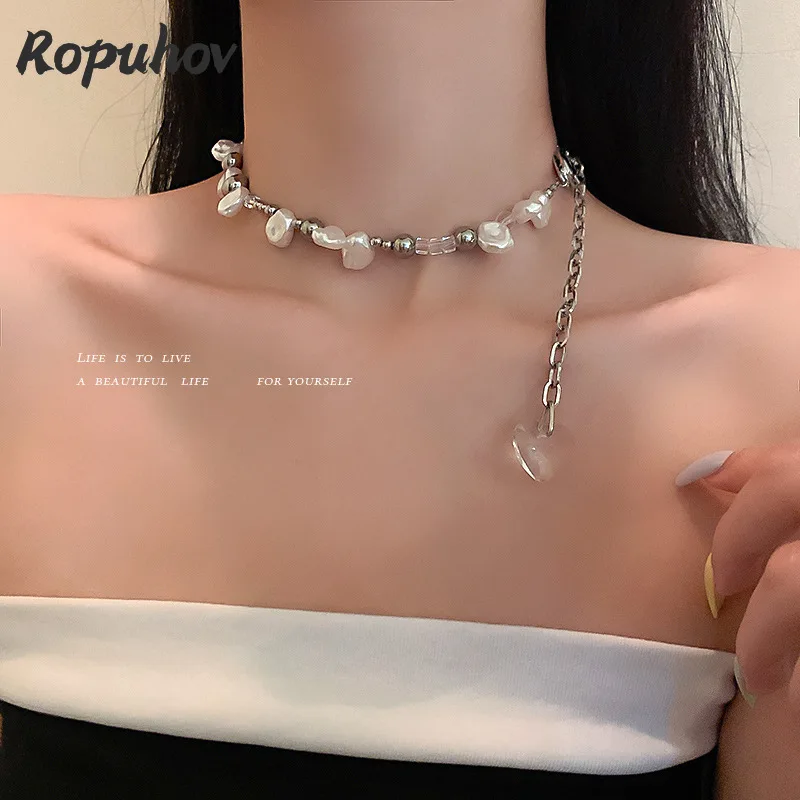 

Ropuhov 2021 New 925 Silver Korean Glass Love Pearl New Necklace Niche Design Hip Hop Fairy Cold Wind Clavicle Chain Woman