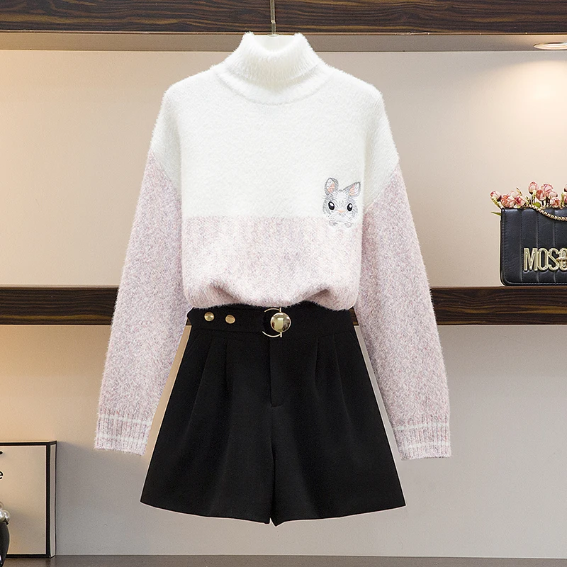 

Autumn Winter Women Outfit Japanese Fashion Loose Turtleneck Sweater & Short Wide-Legged Pants Suit Leisure Outfit Knitwear