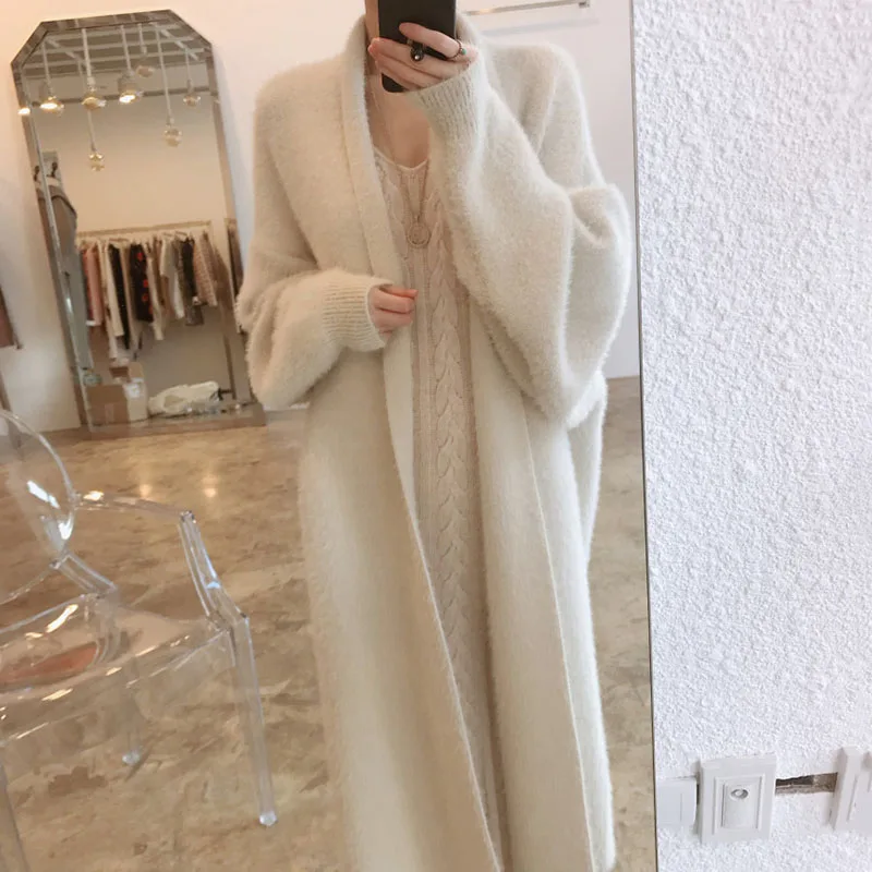 2021 Autumn Winter New Women'S Faux Mink Cardigan Jacket One-Piece Korean Elegant Loose Long-Sleeved Midi Warm Cardigan Jackets