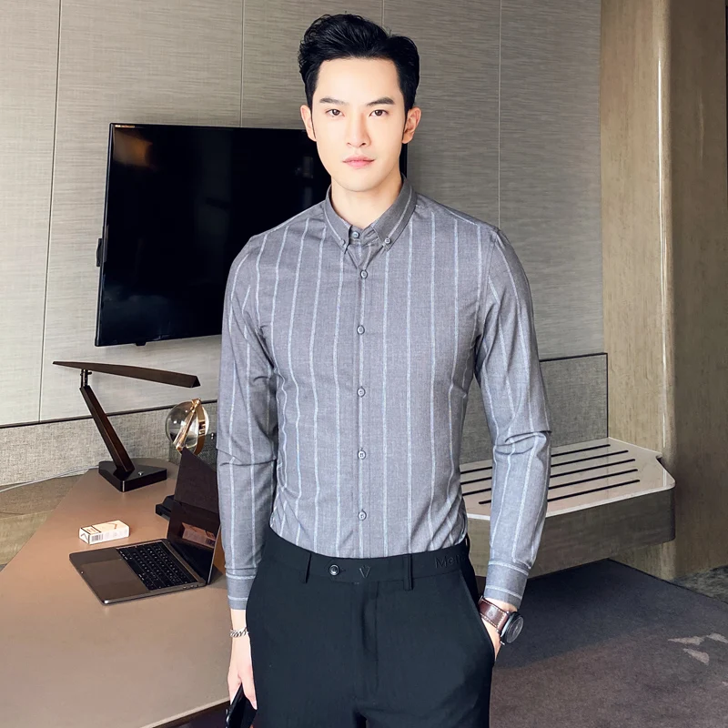 

Mens Formal Fashion Business Shirts Casual Slim Fit Long Sleeve Striped Shirts Men Dress Streetwear Social Tuxedo Clothes Camisa