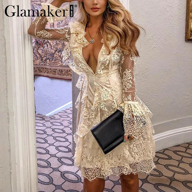 Glamaker/кружевное платье миди с вышивкой и оборками женские сексуальные вечерние