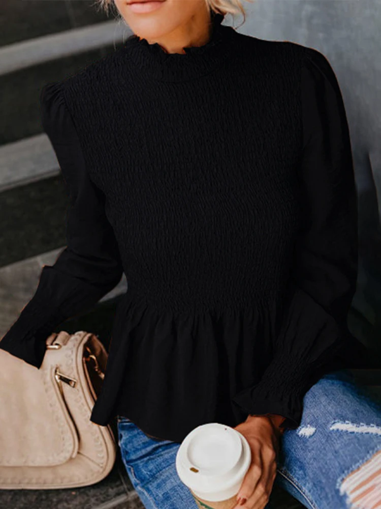 

2021 Spring Elegant Turtleneck Lantern Sleeve Pleated Chiffon Blouse Women Pullover Solid Color Straight Elasticity Tops