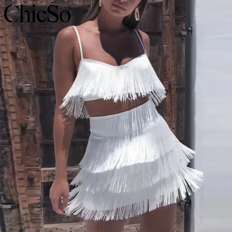 MissyChilli короткое белое платье с кисточками, женский костюм из 2 предметов, облегающее рождественское платье, Осенние сексуальные Клубные вечерние платья