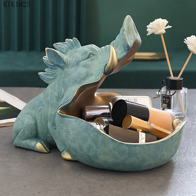 

Nordic Big Mouth Wild Boar Storage Box Decoration Abstract Animal Statue Figurines Jewelry Cosmetic Storage Tray Home Decoration