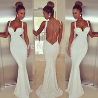 new fashion white long prom dresses 2016 mermaid prom dresses straps sequins sexy backless free fast shipping