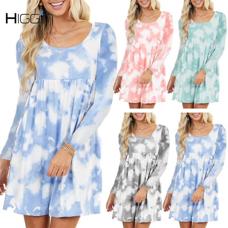 

New 2021 Autumn Women Dress Tie Dye Fashion Long Sleeve Casual Loose Dress Female Clothes O-Neck Dress Large Size Streetwear