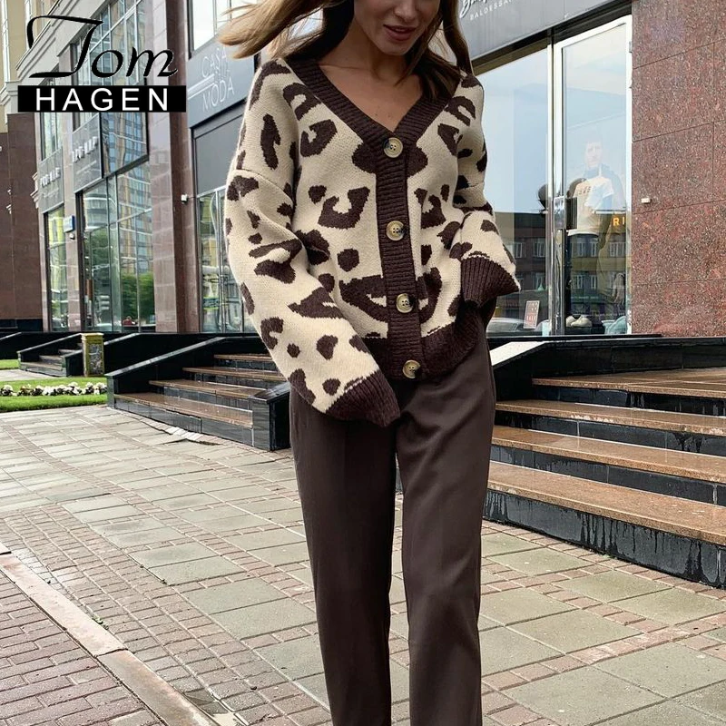 

Женский осенний кардиган с леопардовым принтом, вязаный свитер с v-образным вырезом, женское Свободное пальто на пуговицах, зимний теплый кардиган для женщин, верхняя одежда