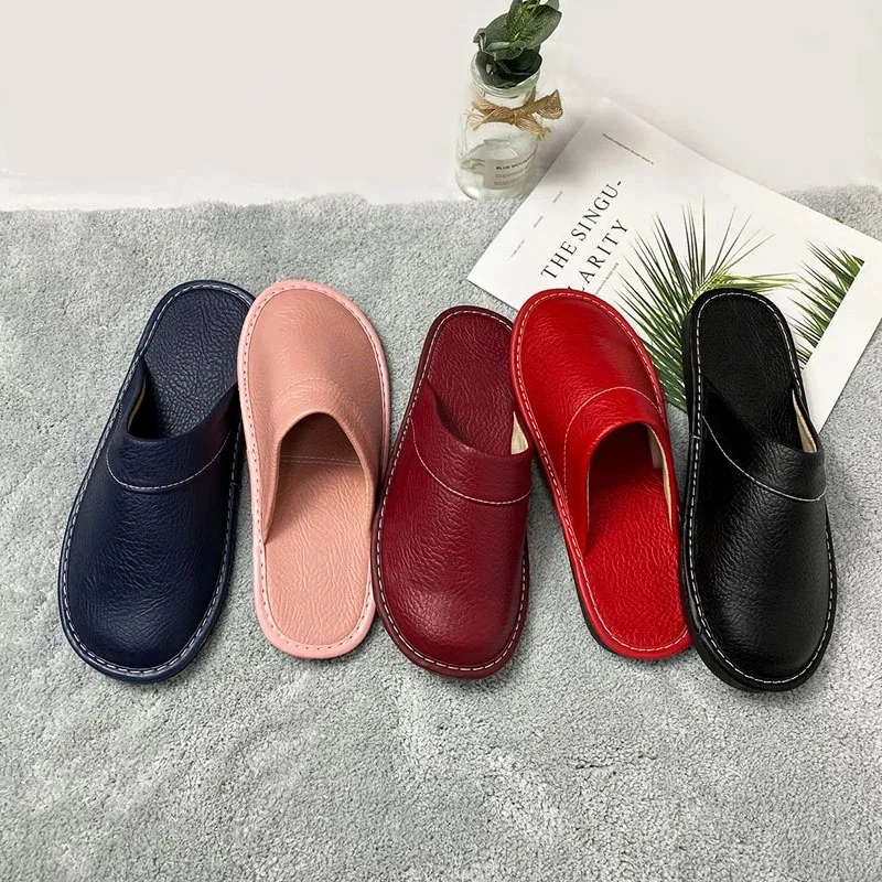 

Autumn Winter Red Leather Slipper Big Size 42-45 Women Indoor Home Shoes Bedroom Slippers Unisex Spring Couple Shoes Waterproof