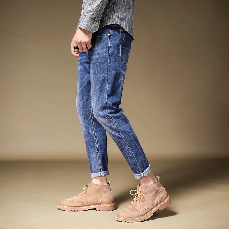 Summer Men's Thin Blue Jeans Stretch Slim Fit Ankle-Length Pants Casual Streetwear Denim Trousers