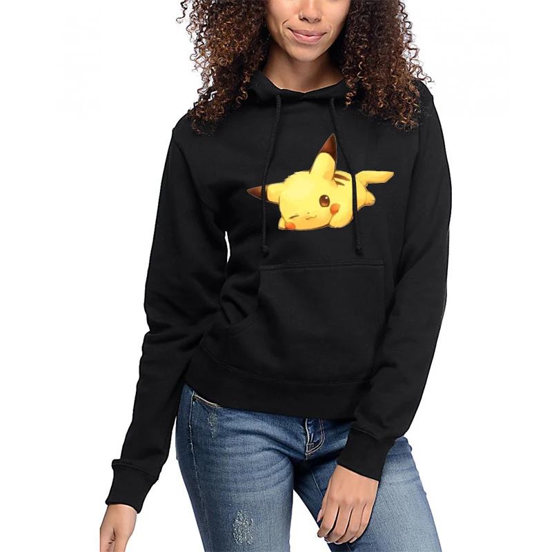 Женская толстовка с принтом Pokemon Go пикачауф черные зимние топы Повседневная