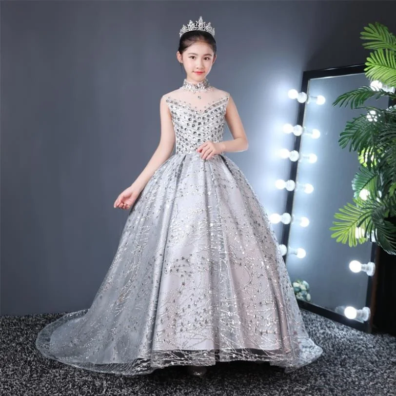 

High-end Luxury Children Girl Dress Birthday Party Piano Catwalk Beading Trailing Gown Kids Pageant Dress For Girl Vestidos L119