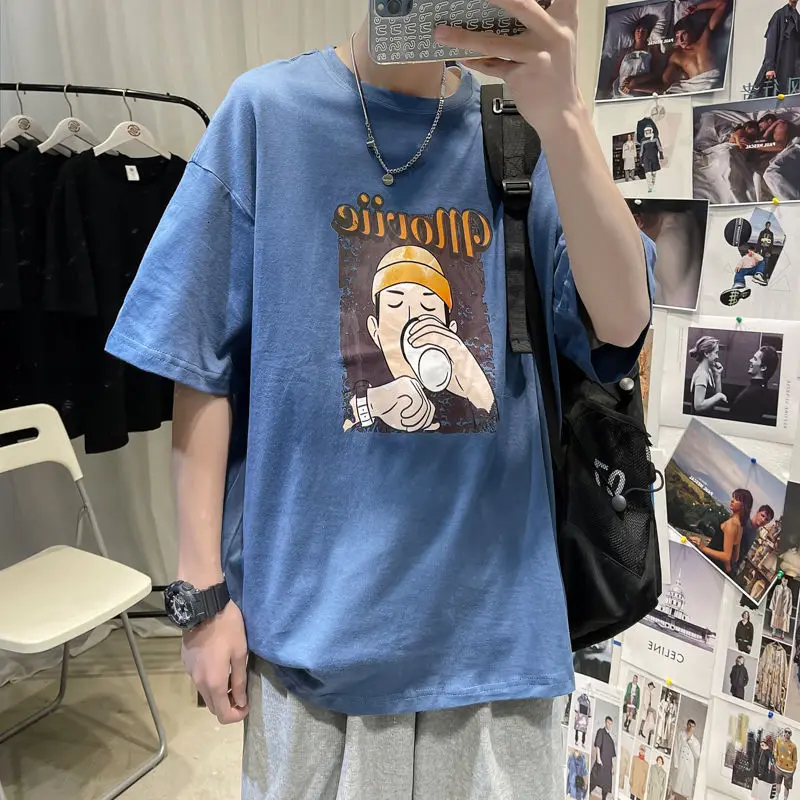 

Men's short-sleeved T-shirts 2021 summer new round neck printing fashion loose top personality casual T-shirt campus youth men