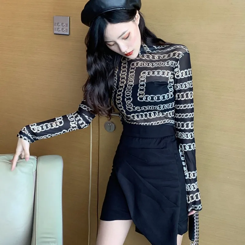 

Women Sexy Mesh See-through T-shirt Chain Print Female Fashion Slim Long Sleeve T-shirts