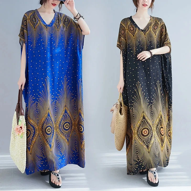 

2021 ladies plus size loose top ladies V-neck long print casual Christmas dress ladies autumn ladies dress