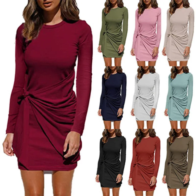 

2022 New Spring Autumn Winter Round Neck Pleated Irregular Long Sleeve Sexy Party Office Lady Dress for Women Short Skirt