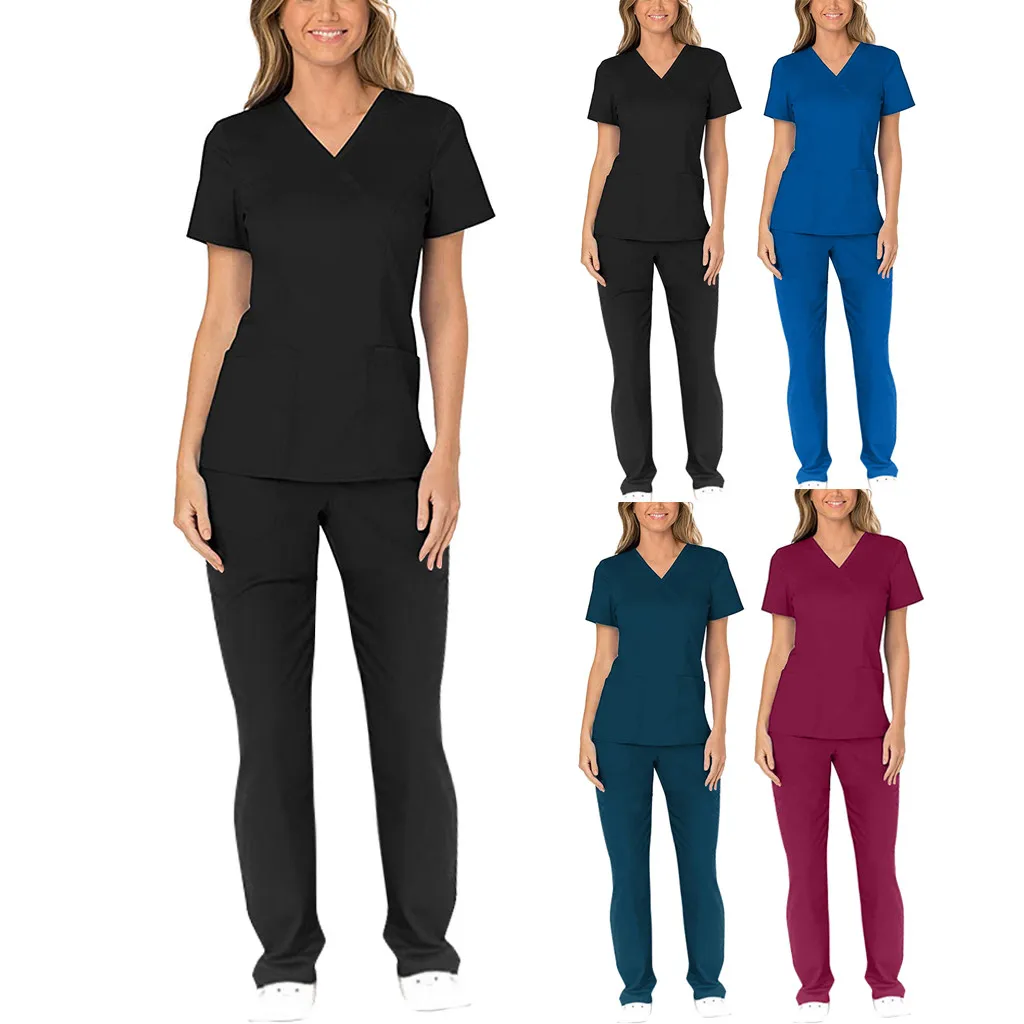 

2pcs Women Nurse Uniform Set Plus Size Pharmacy Pet Shop Lab Coat Spa Working Blouse Short Sleeve V-neck Pocket Workwear 2021