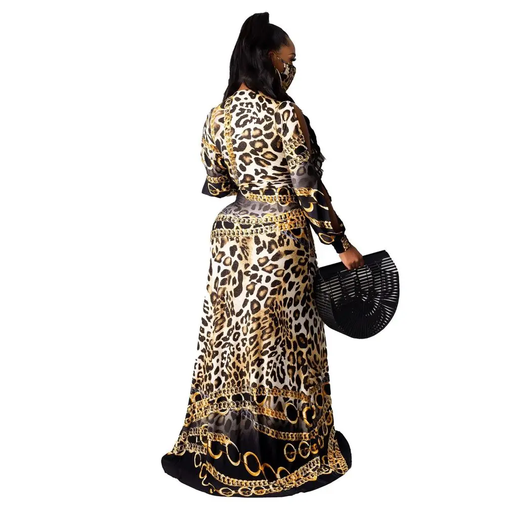 

Leopard Chain Print Vintage Mermadi Dress 2021 Women Deep V Neck Full Sleeve Celebrity Dress Elegant Off Shoulder Party Vestido