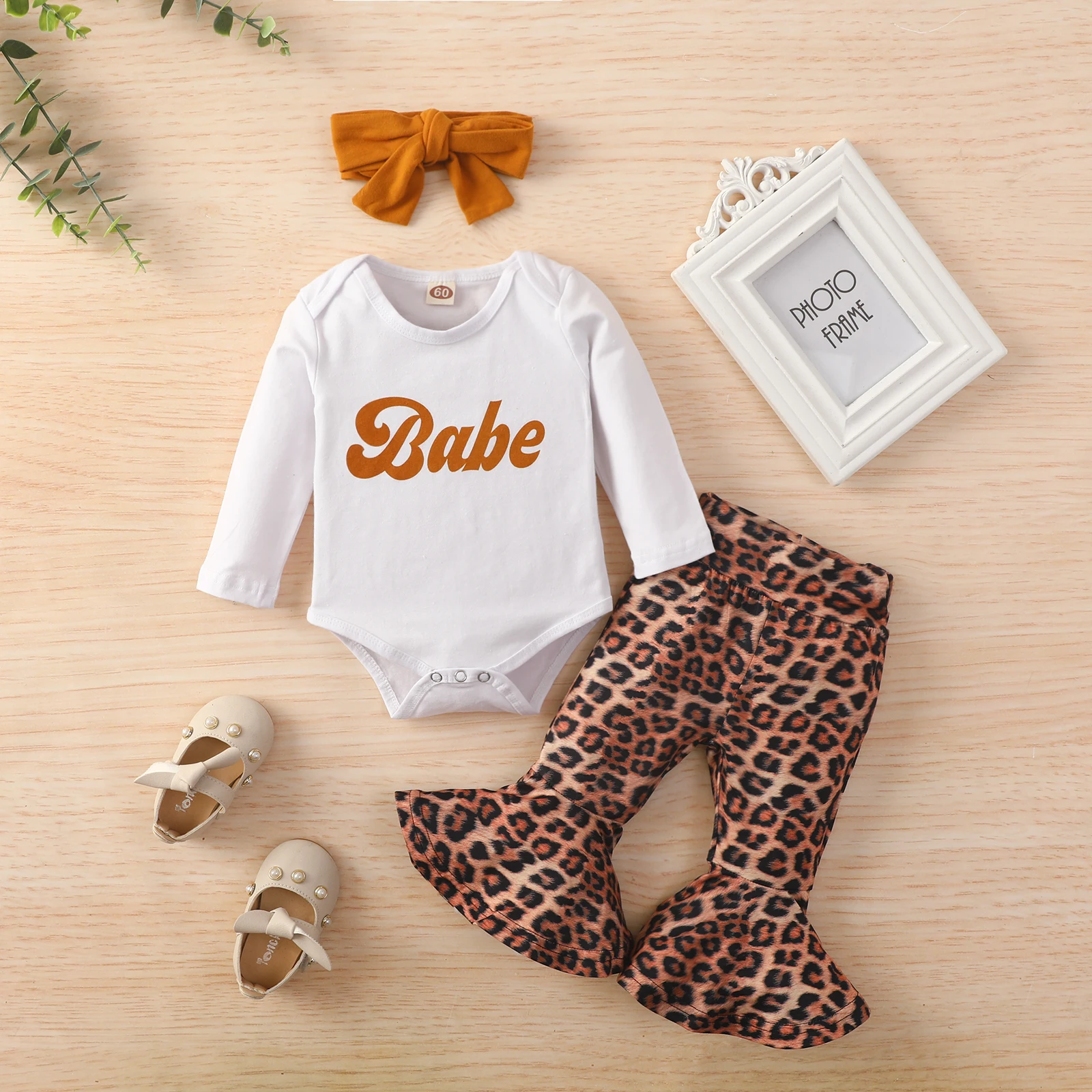

Autumn 3Pcs Baby Girls Tops Trousers Clothing Sets Newborns Infant Letter Long Sleeve Rompers Leopard Long Pants with Headband