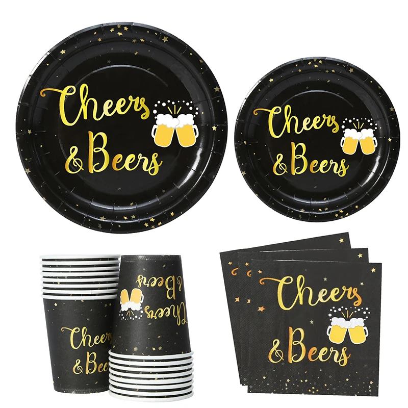 

Cheers&Beers birthday party decorations black gold paper plates Beer party decoration de table anniversaire