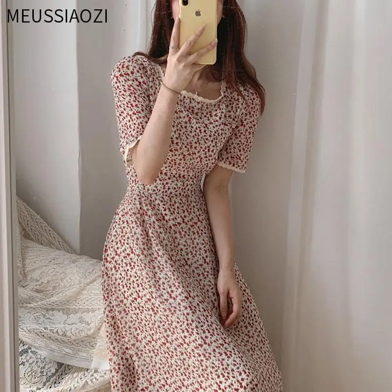 

2021 Vintage Sweet Women Summer Dress Lace Floral Dress Square Collar Dress for Women Elegant High Waist Long Dress Vestidos