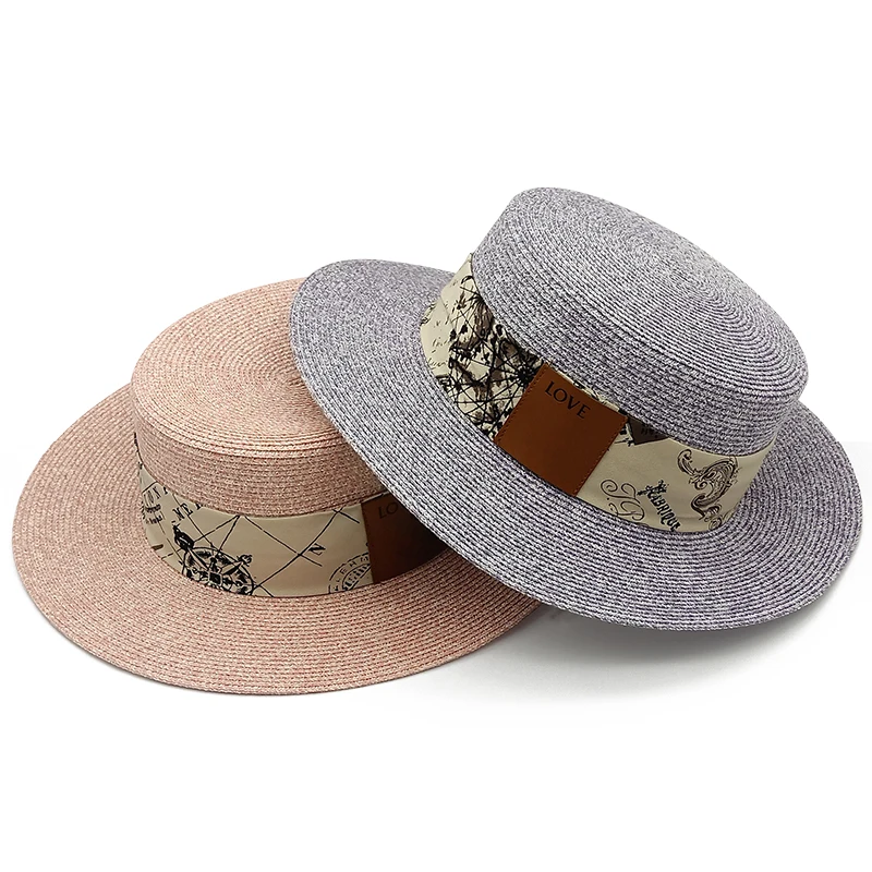 

2021 Letter Leather Flat Top Straw Hat Ribbon Boatman Beach Hat Ladies Summer Wide Brim Hat Panama Straw Hat Travel Gorras