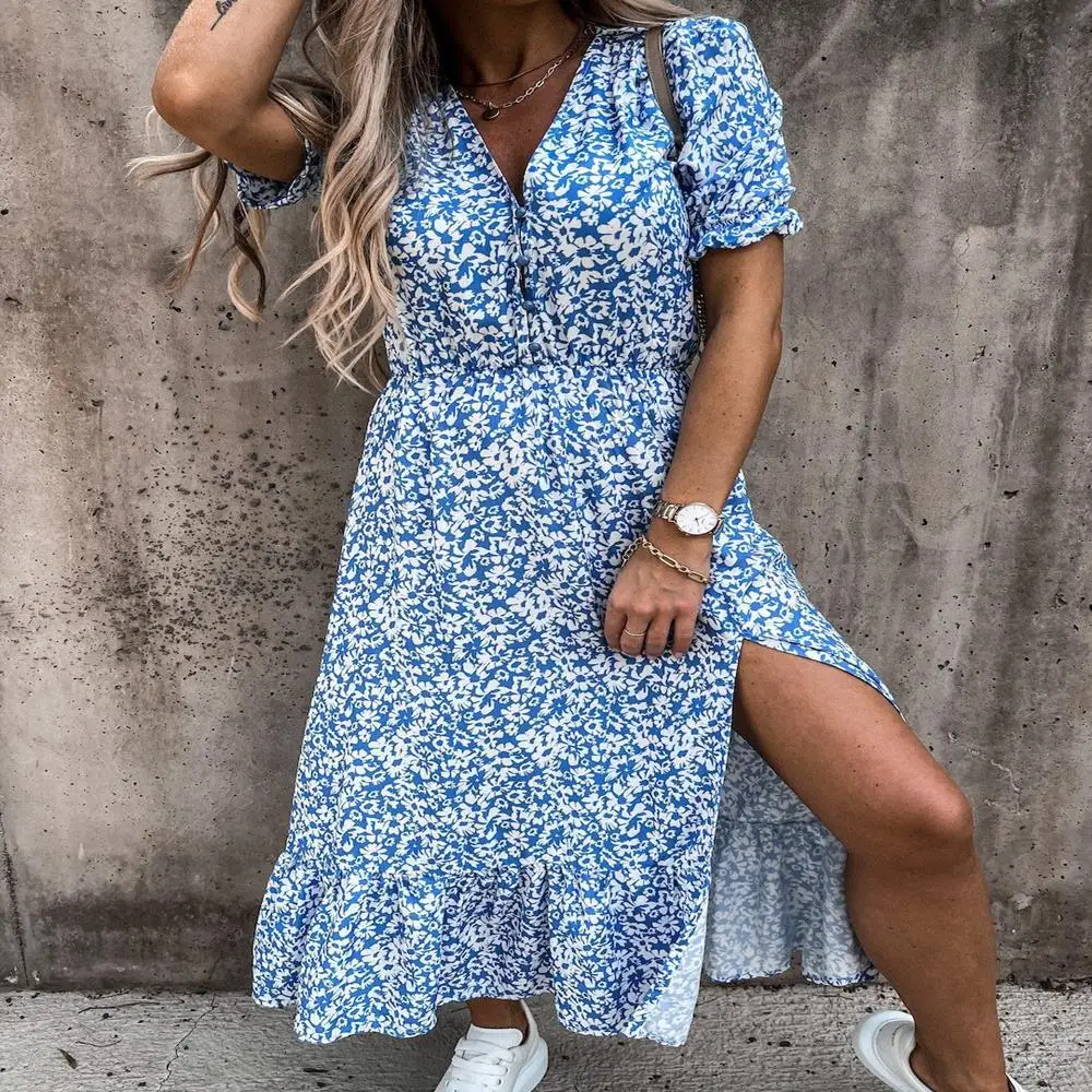 

Robe Femme Summer Dress Women Floral Print A-Line Dresses High Split Button Short Sleeve Long Dress For Woman Vestido De Mujer
