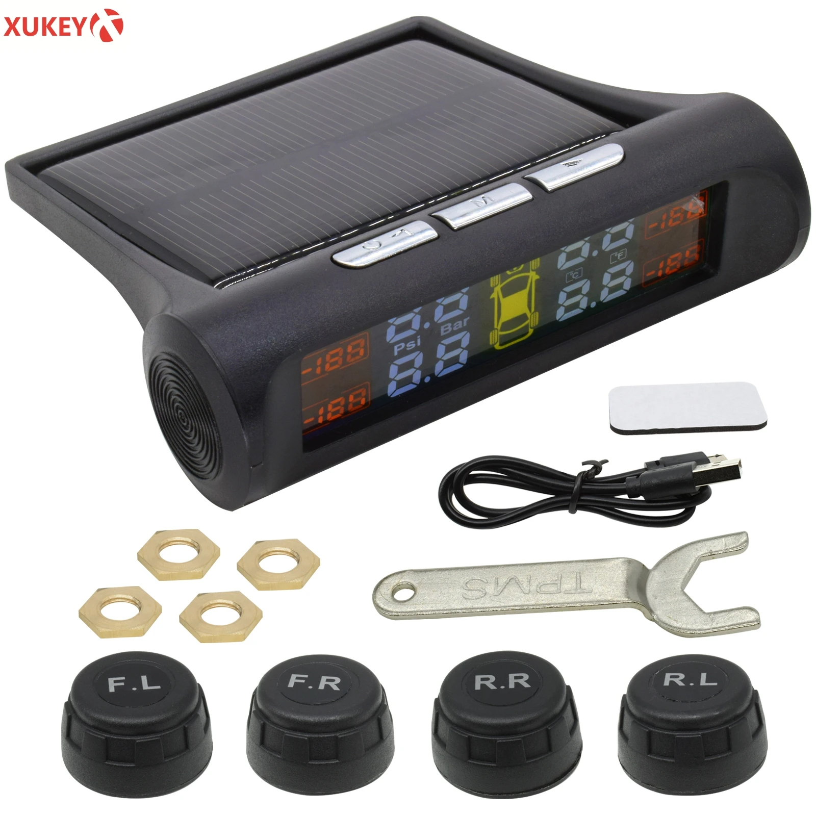 

Беспроводная Автомобильная TPMS система контроля давления в шинах с 4 внешними датчиками на солнечной энергии и USB, ЖК-дисплей, сигнализация д...