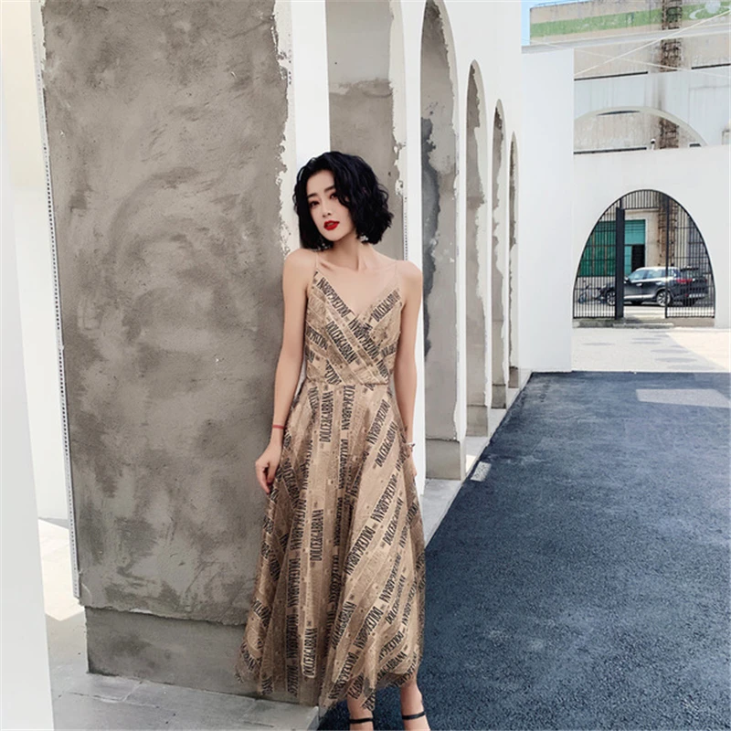 

Champagne Evening Dresses Ever Pretty Spaghetti Strap A-Line V-Neck Elegant Formal Long Dresses letter Asian Women Prom Dresses