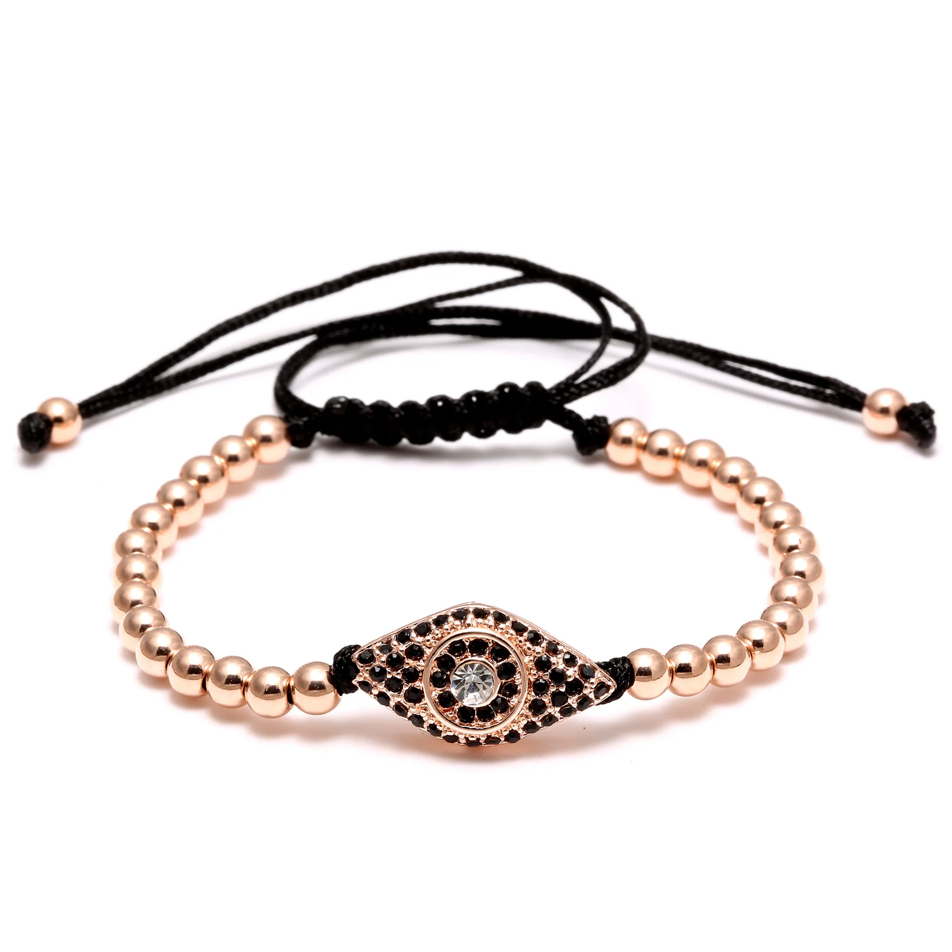 

Top 2017 Fashion Men Bracelet,4mm Round Bead & Micro Pave Black CZ Evil Eye Connector Braiding Men Macrame Bracelet