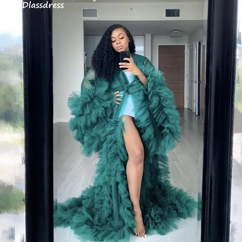 

2020 New Evening Dress Green Tulle For Preganancy Women Photography Tiered Ruffel Coat Sexy Illusion Prom Dress вечернее платье