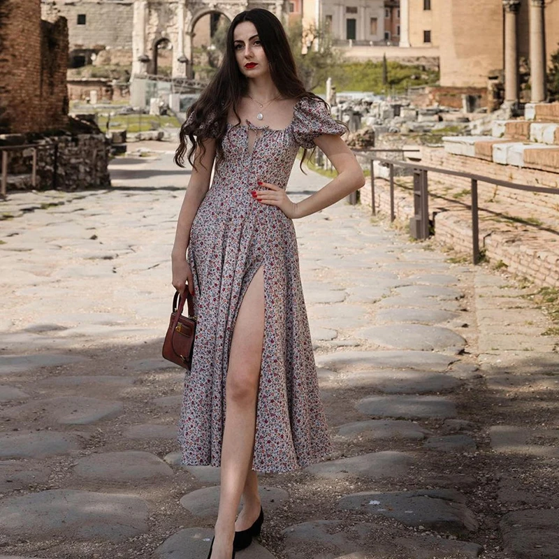 

Summer Dress Women Short Puff Sleeve Flroal Printed Ruched Party High Split Long Maxi Dresses Drawstring Sexy Vestidos Sundress
