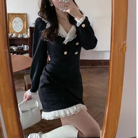 houzhou sexy elegant mini dress women vintage black long sleeve dress lace patchwork v neck korean fashion robe streetwear