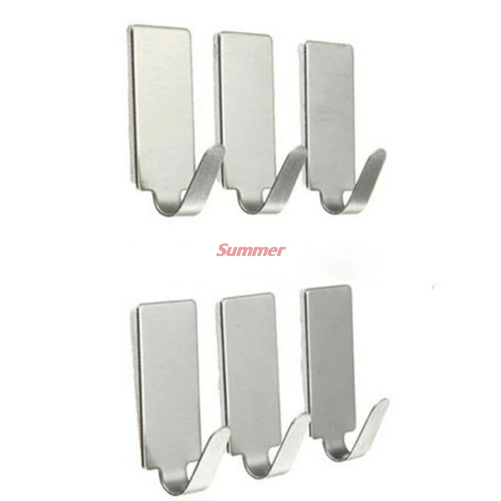 

New 6Pc/Lot Stainless Steel Family Robe Hanging Hooks Hats Bag Key Adhesive Wall Hanger For Bathroom Kitchen
