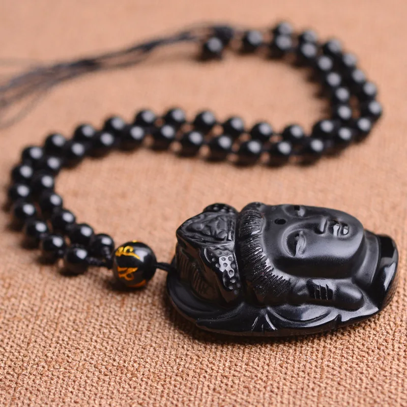 Мужское ожерелье подвеска черный обсидиан Гуаньинь голова Будды Бесплатная
