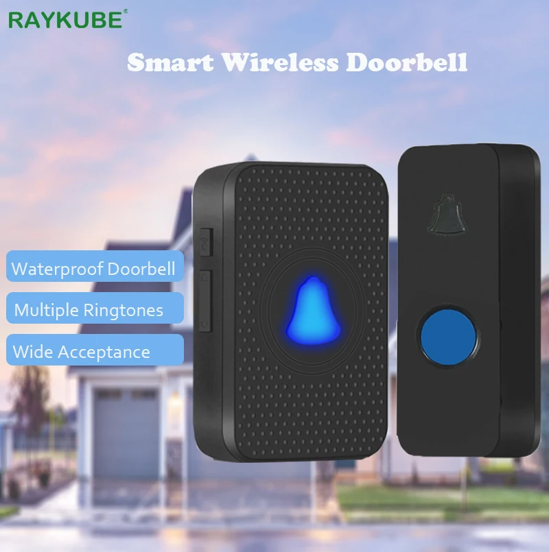 RAYKUBE EU US UK Waterproof Wireless Doorbell 300M Remote Intelligent Home Light Door Bell 38 Chimes Button Receiver Campainha