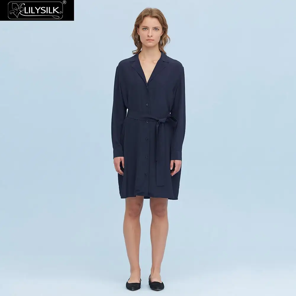 Navy Blue LilySilk шелковое платье-рубашка с воротником с лацканами и поясом Новинка для женщин - Цвет: Navy Blue